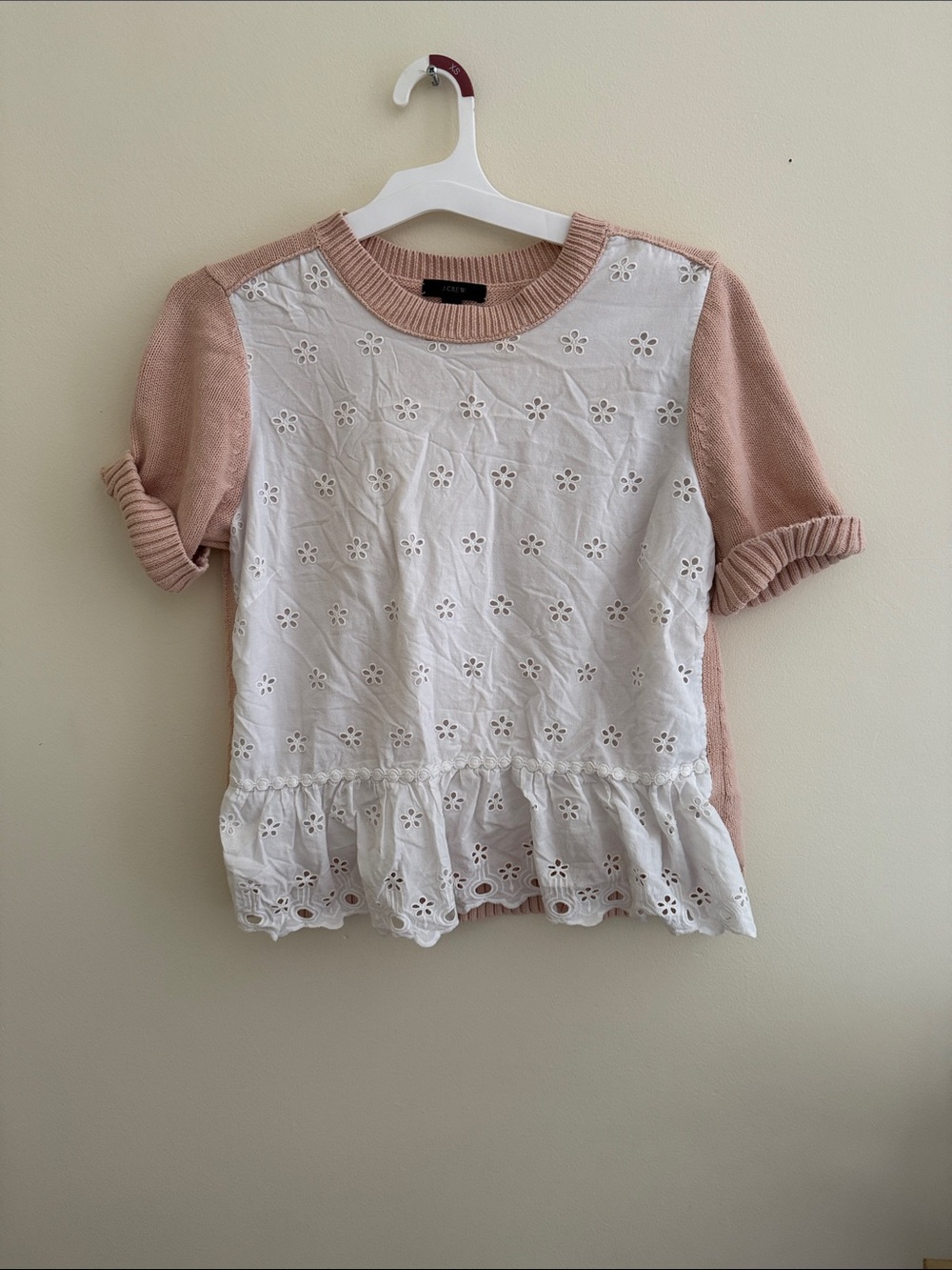 J. Crew Pink Short-Sleeve Eyelet Peplum Top